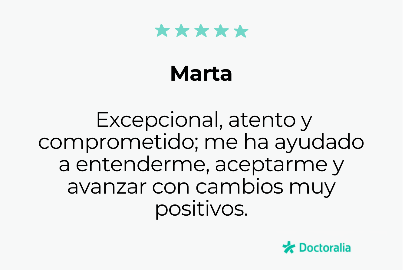 Carlos es un psicólogo excepcional: atento y muy comprometido. Su apoyo me ha ayudado a conocerme mejor, entender mis pensamientos y aceptarme, logrando cambios positivos y transformadores. Lo recomiendo sin duda.