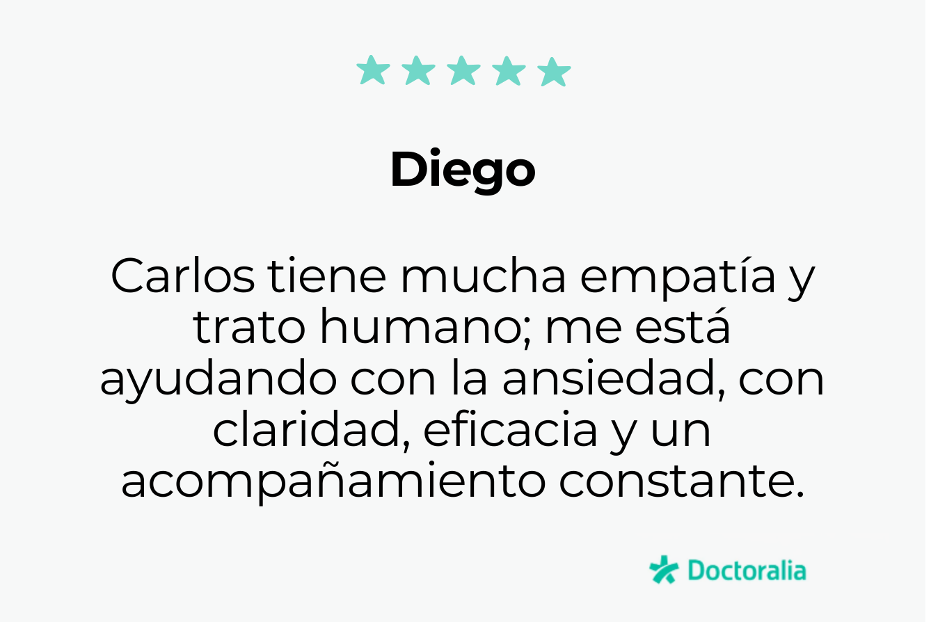 Carlos es un profesional con gran empatía. Me está ayudando a abordar un problema de ansiedad que llevaba arrastrando durante años. Eficacia y trato humano, lo recomiendo