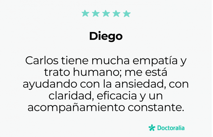 Carlos es un profesional con gran empatía. Me está ayudando a abordar un problema de ansiedad que llevaba arrastrando durante años. Eficacia y trato humano, lo recomiendo